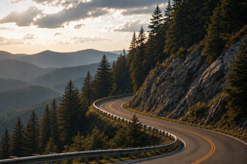 A mountain road curving away through forested ridges at sunset